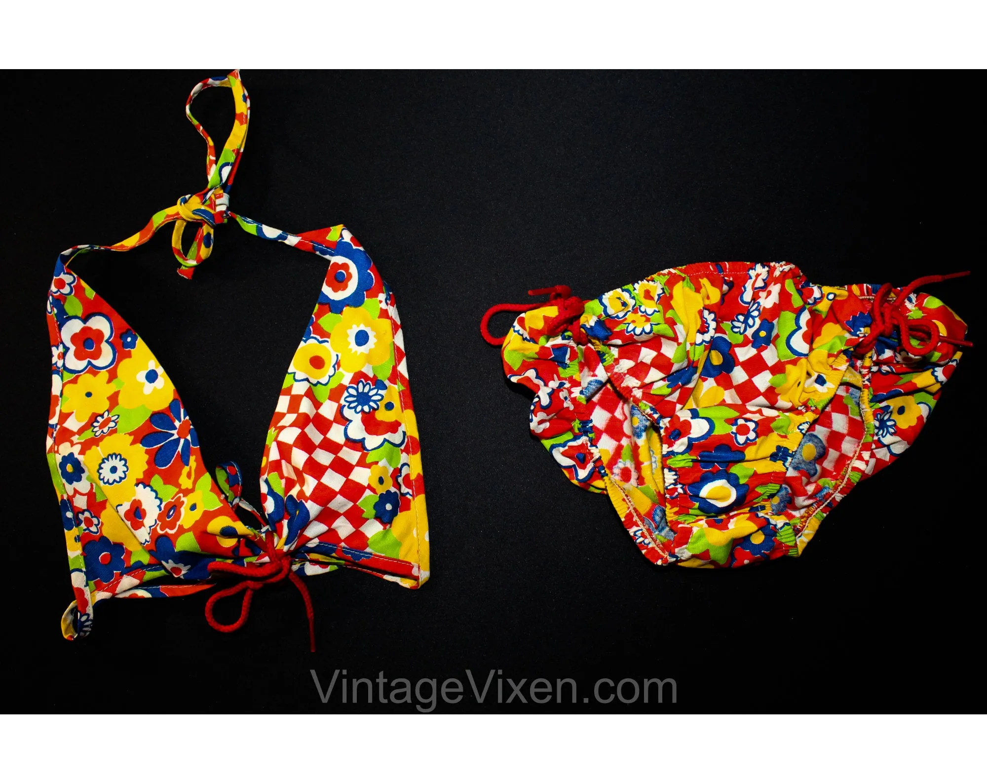 Beach Bunny 1960s Girl's Bikini - Size 10 Childs Swim Wear - Summer Red Psychedelic 60s Daisy Print Two Piece Bathing Suit - Chest 27 to 29
