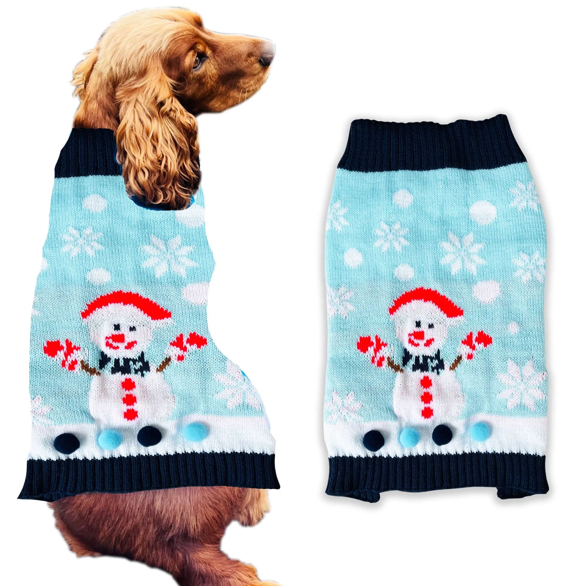 Christmas Dog Jumper Light Blue with Snowman Winter Sweater Coat for All Breeds and Sizes