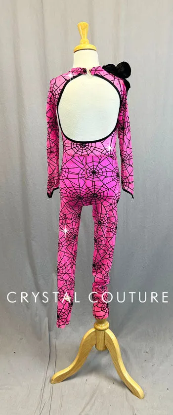 Custom Hot Pink Spider Web Inspired Unitard - Rhinestones