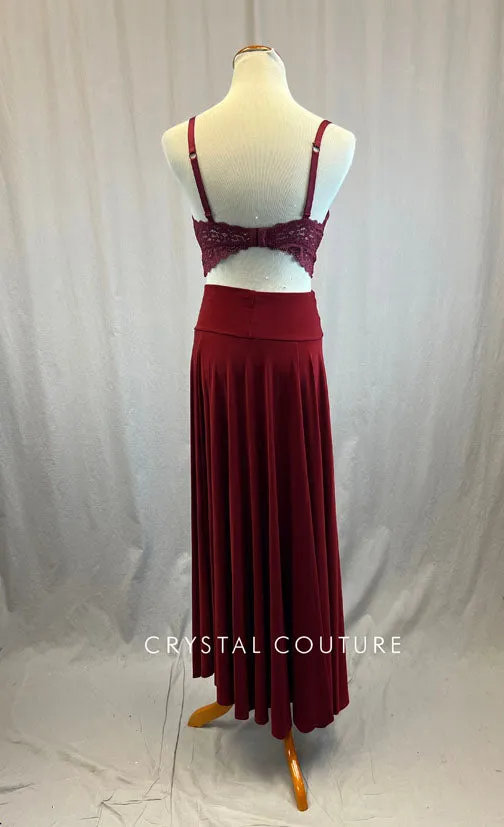 Maroon Lace Bra with Maroon Flowy Skirt