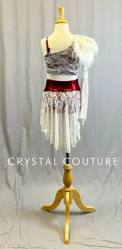 White lace and Red Bra-Top and Briefs - Swarovski Rhinestones