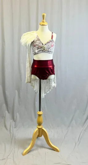White lace and Red Bra-Top and Briefs - Swarovski Rhinestones